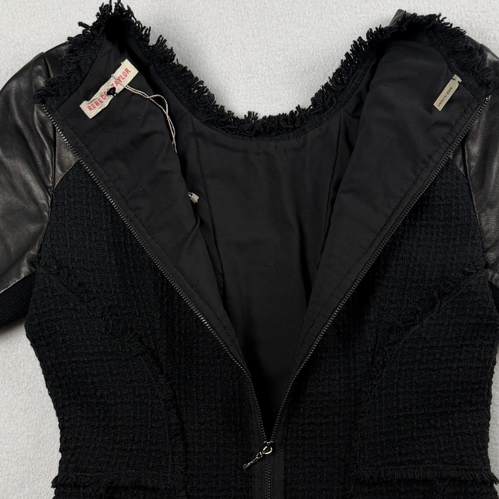 Rebecca Taylor Women's Leather Sleeve Peplum Tweed Top Black Sz 6 - Picture 10 of 10